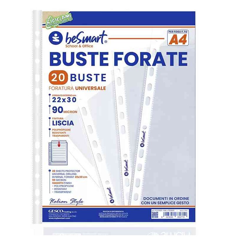 BUSTE FORATE LISCE A4 90MICRON - 20 PEZZI (01310023)