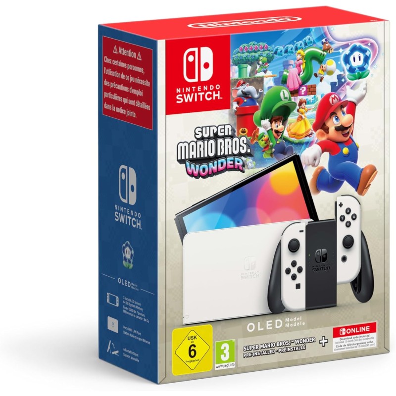 Console Nintendo Switch OLED White + Super Mario Wonder Preinstallato + 12 Mesi Nintendo Switch Online